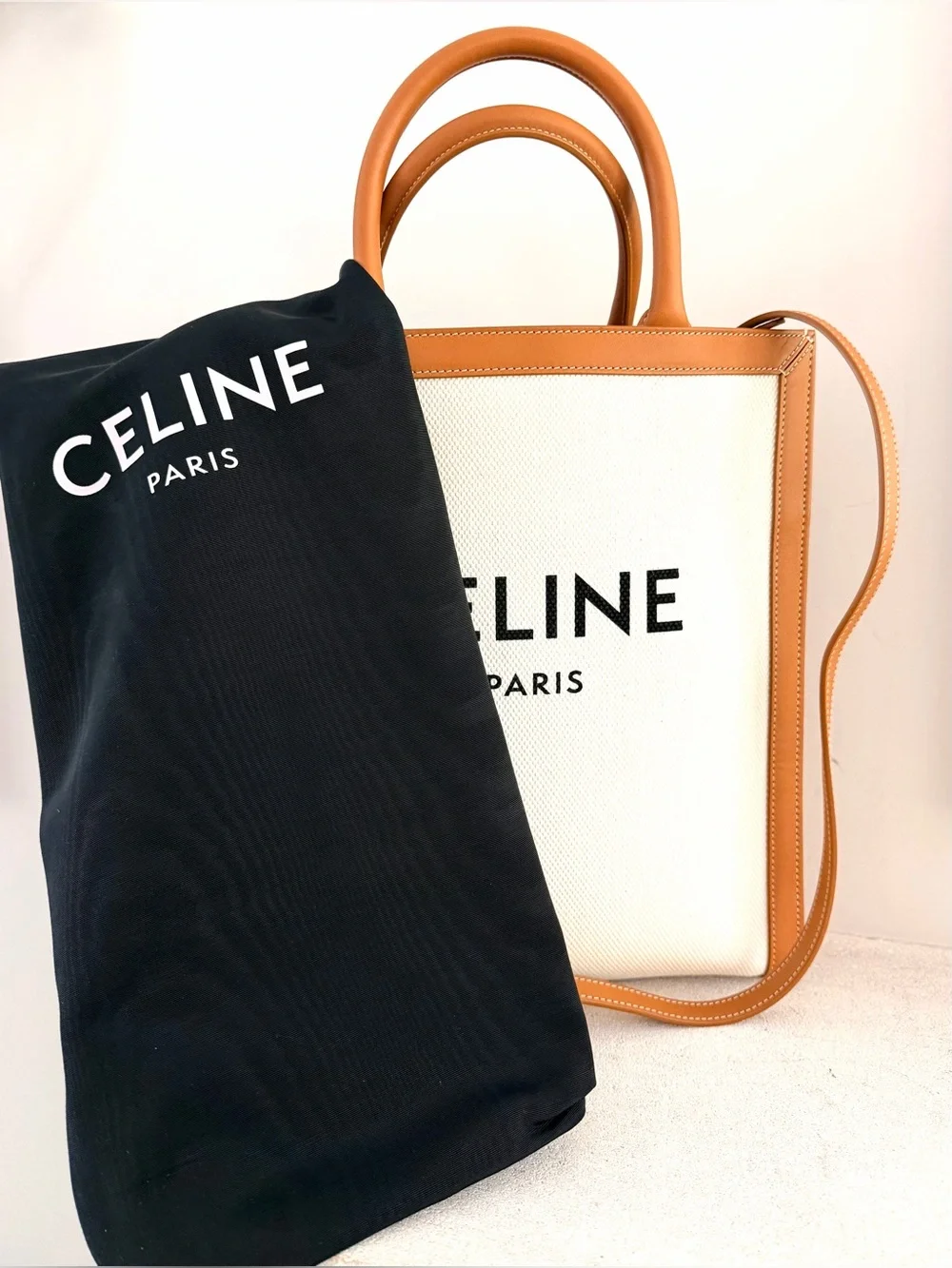 CELINE Small Vertical Cabas Natural Canvas Tan Leather Tote Crossbody